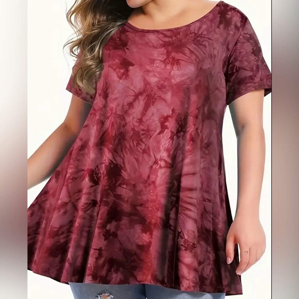 Women’s Short Sleeve Tie-Dye Tunic Top - Burgundy